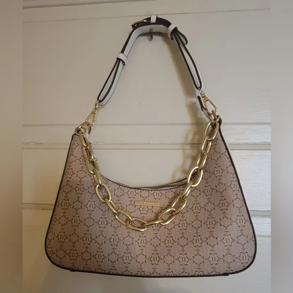 Nanette Lepore Monogram Shoulder Bag – Tan/Beige with Gold Chain Detail - Picture 2 of 16